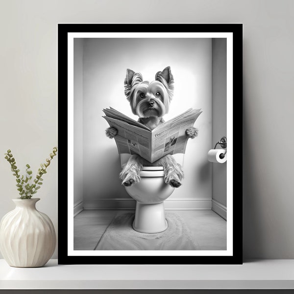 Art mural Yorkshire Terrier, décoration de salle de bain drôle, animal dans les toilettes, art pour animalerie, art chien, cadeau terrier, téléchargement numérique imprimable