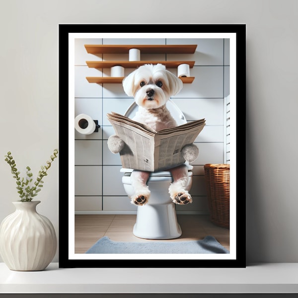 Malteser Terrier Wandkunst, lustige Badezimmer Dekor, Terrier in Toilette, Tier in Toilette, Petshop Kunst, Terrier Kunst, Hund Geschenk, digitaler Download