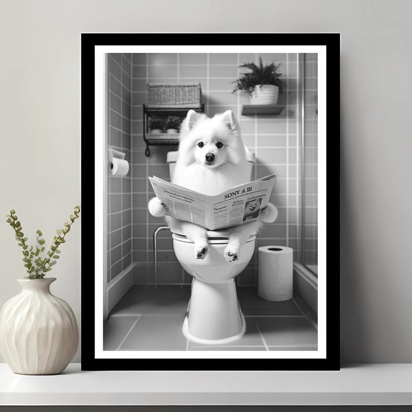 Japanischer Spitz Wandbild, lustiges Badezimmer Dekor, Japanischer Spitz in Toilette, Tier in Toilette, Petshop Kunst, Hundekunst, Hunde Geschenk, digitaler Download