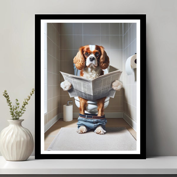 Art mural Cavalier King Charles Spaniel, décoration de salle de bain drôle, chien dans les toilettes, animal dans les toilettes, cadeau Charles Spaniel, téléchargement numérique