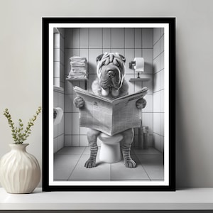 May include: A black and white photo of a Shar-Pei dog sitting on a toilet in a bathroom, reading a newspaper.