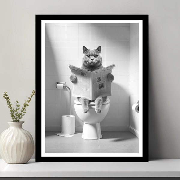 British Shorthair Wall Art, Funny Bathroom Decor, Cat in toilet, Petshop Art, Cat Art, British Shorthair Gift, Printable Digital Download