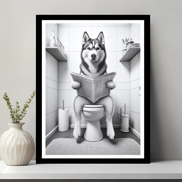 Siberian Husky Wall Art, Funny Bathroom Decor, Husky in Toilet, Animal in toilet, Petshop Art, Husky Gift, Printable Digital Download