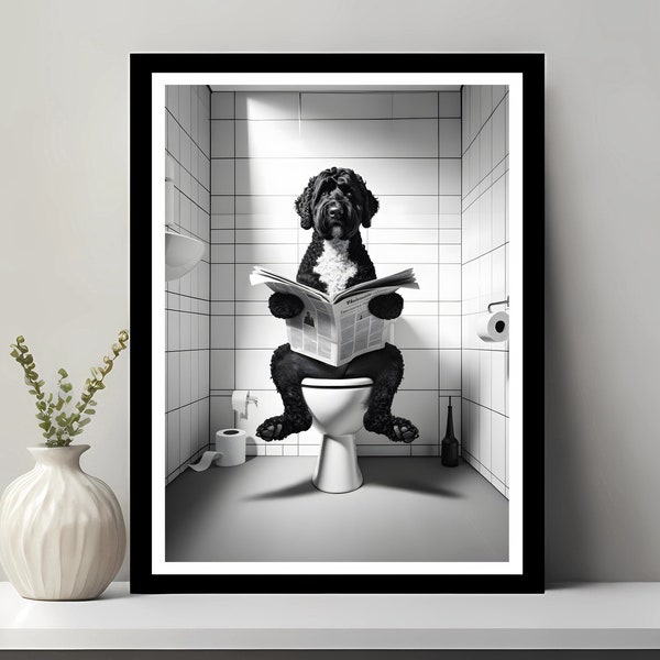 Portuguese Water Dog Wall Art, Funny Bathroom Decor, Dog in Toilet, Animal in toilet, Petshop Art, Dog Gift, Printable Digital Download