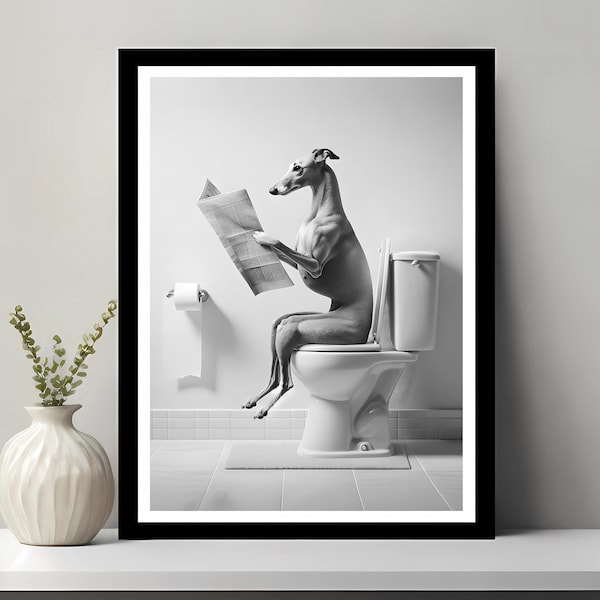 Windhund Poster, lustiges Badezimmer Dekor, Windhund in Toilette, Tier in Toilette, Petshop Kunst, Hund Kunst, Windhund Geschenk, digitaler Download