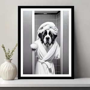 Saint Bernard Wall Art, Funny Bathroom Decor, Animal in toilet, Black And White Saint Bernard, Dog Art, Saint Bernard Gift, Digital Download
