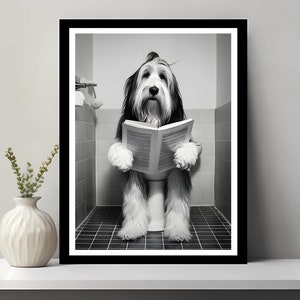 Bearded collie kunst aan de muur, grappig badkamer decor, dier in toilet, dierenwinkel kunst, hond kunst, cadeau baard collie, afdrukbare digitale download