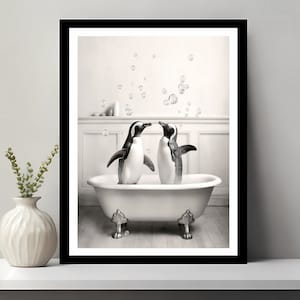 Penguins in Tub Art Print: Funny Bathroom Wall Decor (Digital Download)