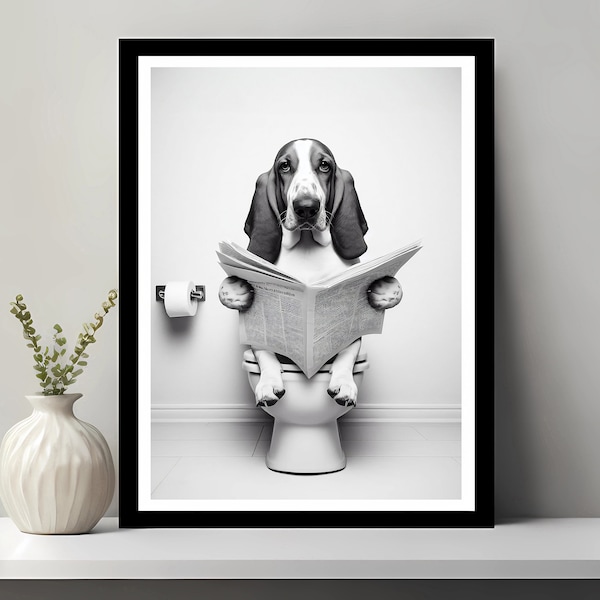 Basset Hound Wall Art, Funny Bathroom Decor, Basset Hound in Toilet, Animal in toilet, Dog Art, Basset Gift, Printable Digital Download