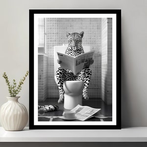 Leopard Print, Funny Bathroom Decor, Leopard in Toilet, Animal in toilet, Black And White Leopard, Whimsy Animal Art, Kids Bathroom Wall Art