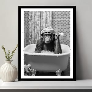 Cute chimpanzee in Tub Printable Wall Art, Bathroom wall art, Bathroom kids art, Bathroom wall decor, Animal art, Funny Bathroom Wall Decor