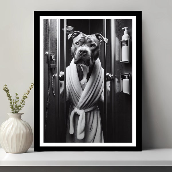 Pitbull in a Bathrobe Peering from Shower Cabin, Pitbull art, Kids Bathroom Art, Bathroom art, Funny Bathroom Wall Decor, Digital Download