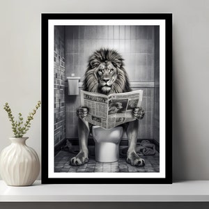 Impresión de león, decoración divertida para el baño, león en el inodoro, animal en el inodoro, león blanco y negro, arte de pared para el baño de los niños, descarga digital imprimible