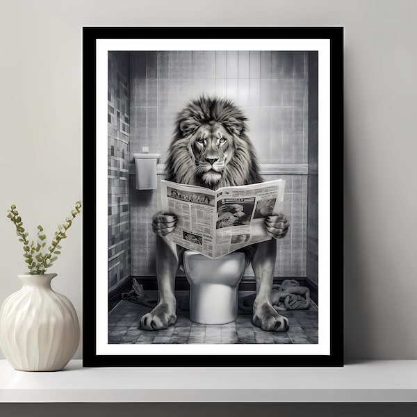 Impresión de león, decoración de baño divertida, león en el baño, animal en el baño, león blanco y negro, arte de la pared del baño de los niños, descarga digital imprimible
