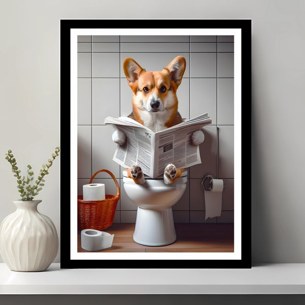 Pembroke Welsh Corgi Art, Funny Bathroom Decor, Dog in Toilet, Animal in toilet, Petshop Art, Dog Art, Corgi Gift, Digital Download