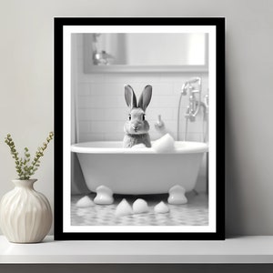 Cute Rabbit in Tub Printable Wall Art, Bathroom wall art, Bathroom kids art, Bathroom wall decor, Animal art, Funny Bathroom Wall Decor
