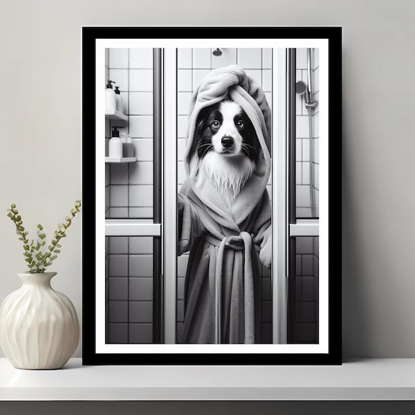 Border Collie Wall Art, Bathroom Art Print, Border Collie Art, Bathroom wall art, Pet Gift, Funny Bathroom Wall Decor, Digital Download