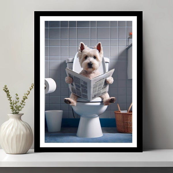 Art du West Highland Terrier, décoration de salle de bain drôle, chien dans les toilettes, animal dans les toilettes, art mural salle de bain pour enfants, téléchargement numérique imprimable