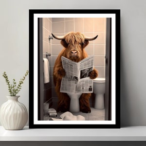 Scottish Highland Cow in Bathroom, Bathroom Humor, Funny Bathroom Print, Animal on toilet, Whimsy Animal Art, Kids Bathroom