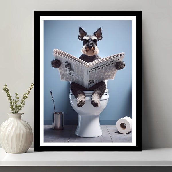 Art de la salle de bain, art du schnauzer nain, décoration de salle de bain drôle, chien dans les toilettes, animal dans les toilettes, art de l'animalerie, art du chien, téléchargement numérique