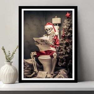 Arte murale scheletro, decorazione divertente per il bagno, scheletro nel water, stampa natalizia divertente, arte murale di Halloween, arte di Babbo Natale, regalo di Natale