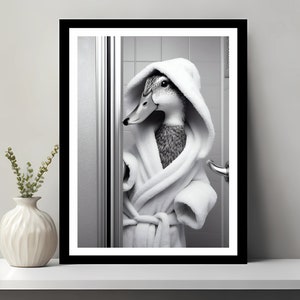 Cute Duck in a Bathrobe Peering from Shower Cabin, Bathroom Art Print, Pet Gift, Bathroom wall art, Funny Bathroom Wall Decor, Duck Art