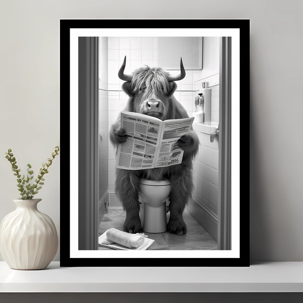 Highland Cow Sitting on the Toilet Reading a Newspaper, Funny Bathroom Wall Decor, Funny Animal Print, Home Printable, Digital Download