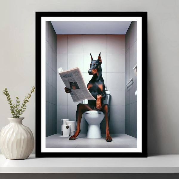 Doberman Wall Art, Funny Bathroom Decor, Doberman in Toilet, Animal in toilet, Petshop Art, Dog Art, Doberman Gift, Digital Download