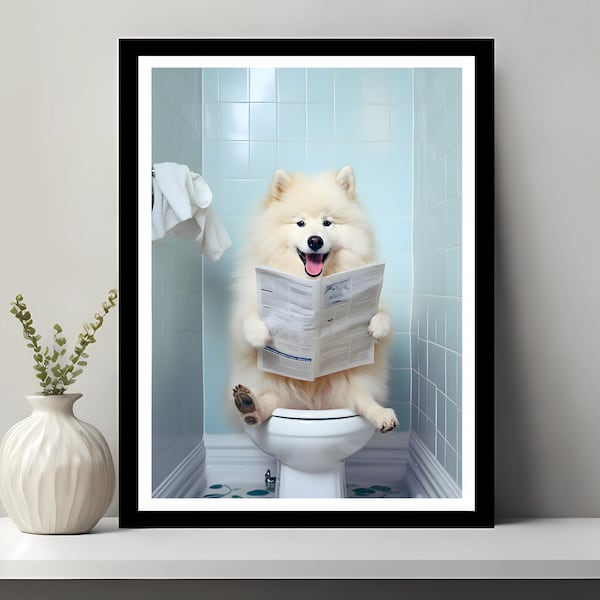 Amerikanischer Eskimo Hund Wandkunst, lustige Badezimmer Dekor, Hund in Toilette, Tier in Toilette, Petshop Kunst, Hundekunst, druckbare digitaler Download