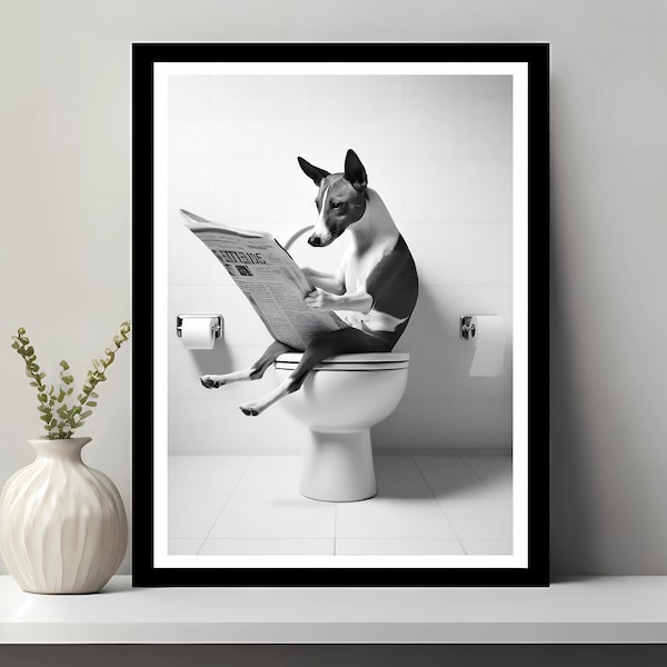 Art mural Basenji, décoration de salle de bain amusante, Basenji dans les toilettes, animal dans les toilettes, art animalerie, art chien, cadeau Basenji, téléchargement numérique imprimable