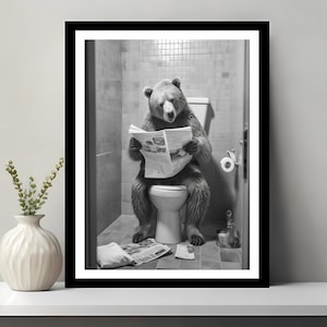 Bear Print, Funny Bathroom Decor, Bear in Toilet, Animal in toilet, Black And White Bear, Whimsy Animal Art, Kids Bathroom Wall Art,