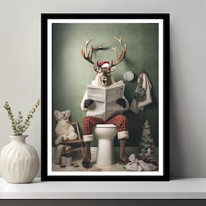 Arte murale con renne, decorazioni divertenti per il bagno, renne nel water, stampa natalizia divertente, carta igienica, arte con renne, regalo con renne, arte stampabile