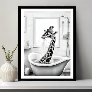 Adorable giraffe in Tub Printable Wall Art, Bathroom wall art, Bathroom kids art, Bathroom wall decor, Animal art, Funny Bathroom Wall Decor