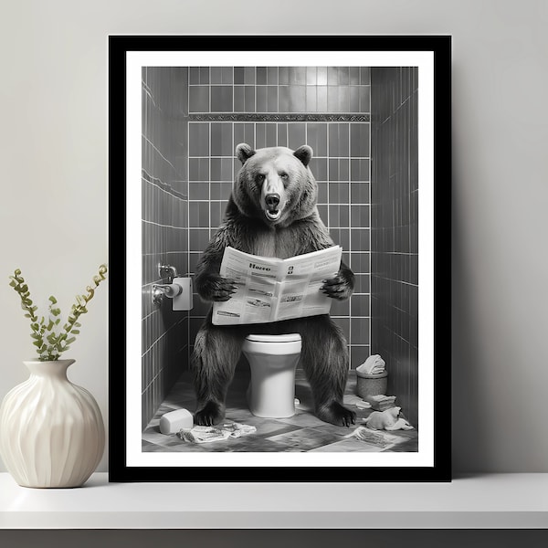 Bear Print, Funny Bathroom Decor, Bear in Toilet, Animal in toilet, Black And White Bear, Whimsy Animal Art, Kids Bathroom Wall Art
