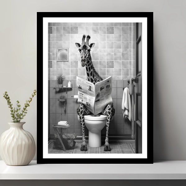 Impression girafe, décoration de salle de bain drôle, girafe dans les toilettes, animal dans les toilettes, girafe noir et blanc, art mural, téléchargement numérique imprimable