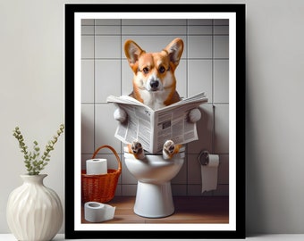 May include: A corgi dog sitting on a white toilet, reading a newspaper. The dog is wearing a brown and white collar. The toilet is in a bathroom with white tile walls.