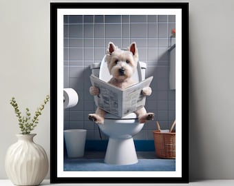 West Highland Terriër kunst, grappig badkamer decor, hond in toilet, dier in toilet, kinderen badkamer kunst aan de muur, afdrukbare digitale download