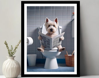 West Highland Terriër kunst, grappig badkamer decor, hond in toilet, dier in toilet, kinderen badkamer kunst aan de muur, afdrukbare digitale download