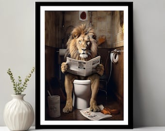 May include: A lion wearing a human's clothes sits on a toilet in a bathroom, reading a newspaper. The lion has a mane of brown fur and is wearing a white shirt. The bathroom is tiled in brown and white tiles.