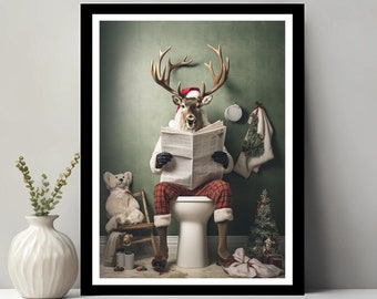 Rendieren kunst aan de muur, grappig badkamer decor, rendieren in toilet, grappige kerst print, toiletpapier, rendieren kunst, rendieren cadeau, afdrukbare kunst