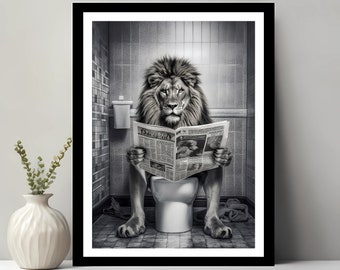 Löwe Druck, lustige Badezimmer Dekor, Löwe in Toilette, Tier in Toilette, schwarz und weiß Löwe, Kinder Badezimmer Wandkunst, druckbare digitaler Download