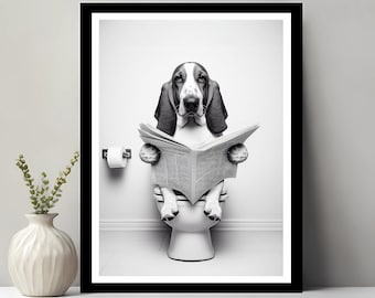 Basset Hound Wall Art, Funny Bathroom Decor, Basset Hound in Toilet, Animal in toilet, Dog Art, Basset Gift, Printable Digital Download