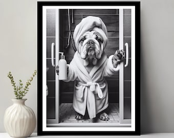 Engelse Bulldog kunst aan de muur, badkamer Art Print, Engelse Bulldog foto, kunst aan de muur badkamer, cadeau, grappige badkamer wand decor, digitale download