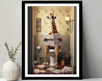 Giraffe Print, Funny Bathroom Decor, Giraffe in Toilet, Animal in toilet, Whimsy Animal Art, Kids Bathroom Art, Printable Digital Download