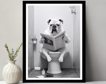 English Bulldog Wall Art, Funny Bathroom Decor, Bulldog in Toilet, Animal in toilet, Petshop Art, Dog Art, Printable Digital Download