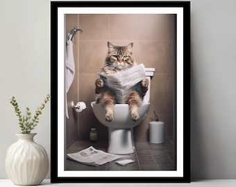 May include: A tabby cat sitting on a white toilet, reading a newspaper. The cat has a serious expression.