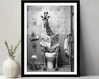 Impression girafe, décoration de salle de bain drôle, girafe dans les toilettes, animal dans les toilettes, girafe noir et blanc, art mural, téléchargement numérique imprimable