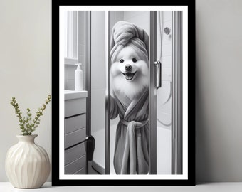 May include: A black and white photograph of a dog wearing a white towel on its head and a grey bathrobe. The dog is standing in a shower cubicle and looking at the camera.