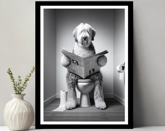 Old English Sheepdog Wall Art, Funny Bathroom Decor, Dog in Toilet, Animal in toilet, Petshop Art, Dog Art, Dog Gift, Digital Download