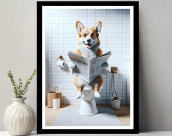 Pembroke Welsh Corgi Wall Art, Funny Bathroom Decor, Corgi in Toilet, Animal in toilet, Petshop Art, Dog Art, Dog Gift, Digital Download